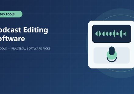 Illustrated microphone and audio waveform for podcast editing.