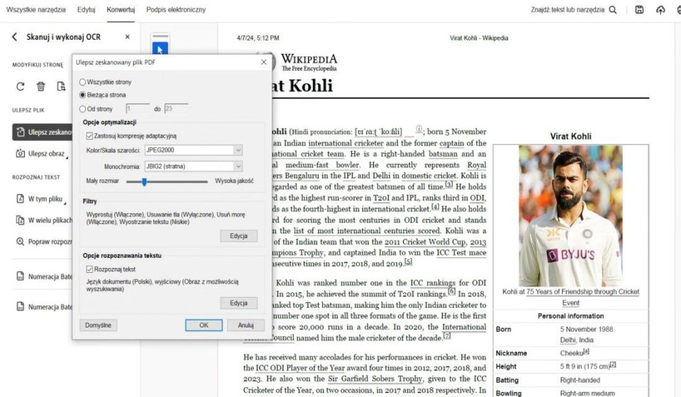 Adobe Acrobat scanned PDF enhancement and OCR settings