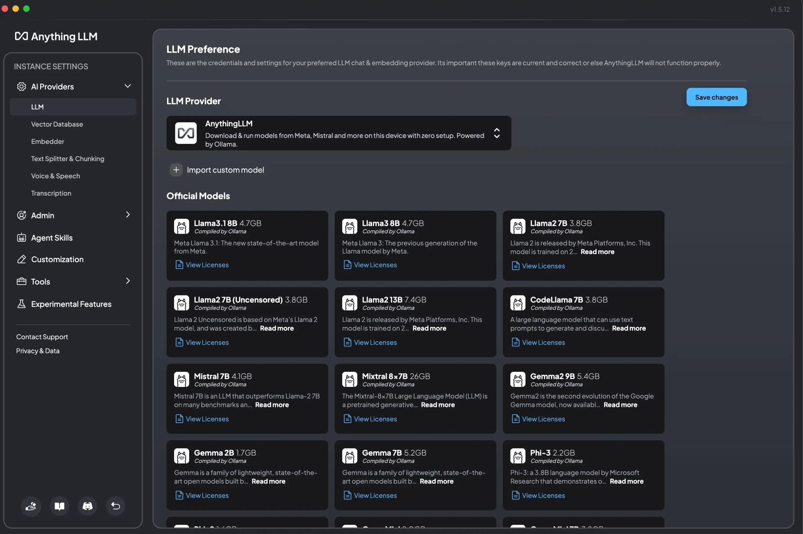 AnythingLLM AI app with LLM provider settings