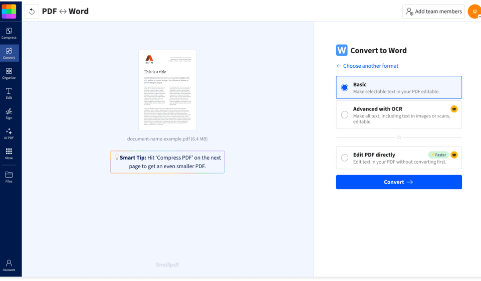 Smallpdf PDF to Word conversion steps